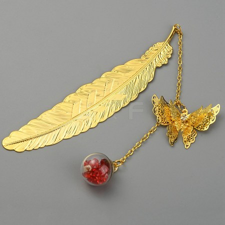 Golden Tone Brass Feather Bookmarks AJEW-WH0020-55G-04-1