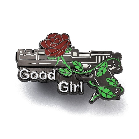 Good Girl Rose Flower Gun Shaped Alloy Enamel Pin Brooch for Backpack Clothes JEWB-R002-04EB-1