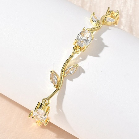 Brass Micro Pave Cubic Zirconia Oval & Leaf Link Chain Bracelets for Women BJEW-G764-05G-02-1
