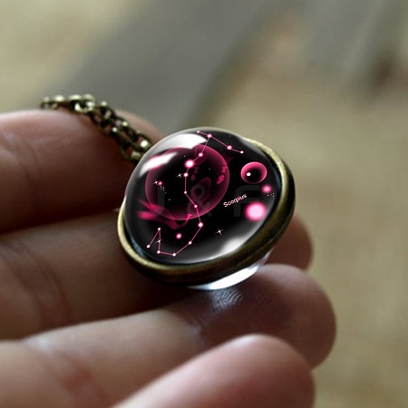 Double Glass Round with Constellation Pendant Alloy Chain Necklaces WG188F6-12-1