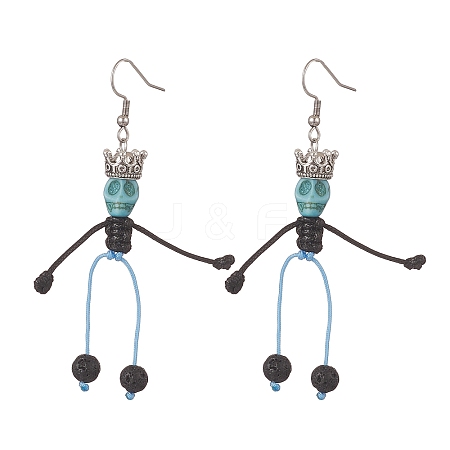 Synthetic Turquoise & Natural Lava Rock Braided Skeleton Dangle Earrings EJEW-TA00226-03-1