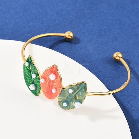 304 Stainless Steel Enamel Cuff Bangles for Women BJEW-A049-02A-G-1