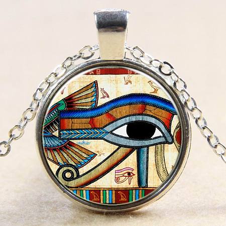 Egyptian Eye of Ra/Re Pattern Flat Round Glass Pendant Necklaces NJEW-N0051-046M-02-1