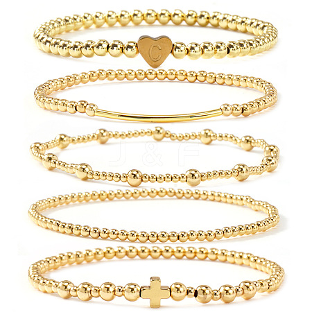 Brass and Stainless Beaded Stretch Bracelet Sets VB9693-2-1