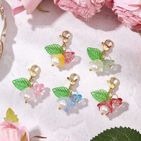 5Pcs 5 Colors Flower Acrylic & Gkass Pendant Decorations HJEW-JM02854-1