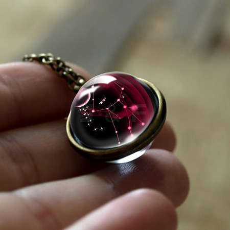 Double Glass Round with Constellation Pendant Alloy Chain Necklaces WG188F6-10-1
