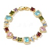 Brass Micro Pave Colorful Cubic Zirconia Rectangle & Square & Teardrop Link Chain Bracelets for Women BJEW-G764-07G-4