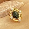 304 Stainless Steel with Natural Gemstone and Plastic Imitation Pearl Adjustable Cuff Rings for Women LS-RJEW-Z096-02G-02-1