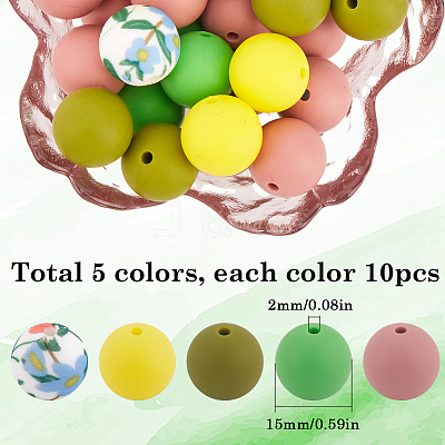 50Pcs 5 Colors Round Food Grade Eco-Friendly Silicone Focal Beads SIL-SP0001-03-1