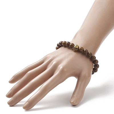 Natural Wenge Wood & Alloy Skull Beaded Stretch Bracelet for Women BJEW-JB09146-1