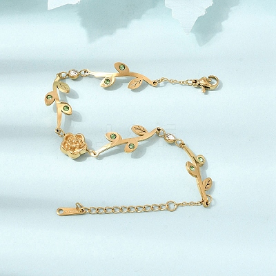 304 Stainless Steel Crystal and Peridot Rhinestone Flower Leaf Link Chain Bracelets SA-CBA7A0F-09G-1