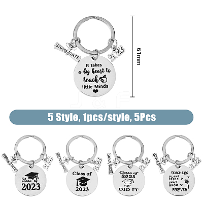 5Pcs 5 Style Class of 2023 Graduation Gifts Stainless Steel Keychain KEYC-FH0001-32B-1