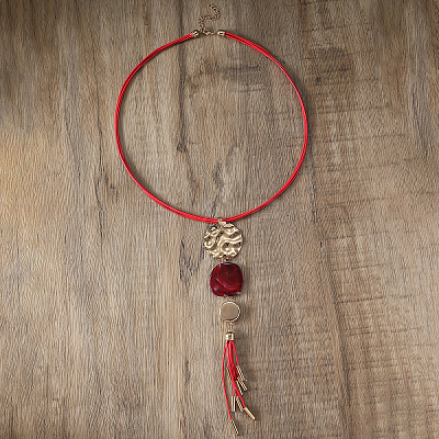 Alloy & Resin Flat Round Pendant Multi Layered Waxed Cord Y Necklaces for Women FS-WGE6F2E-01-1