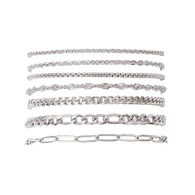 7Pcs 304 Stainless Steel Figaro Chains & Venetian Chains & Water Wave Chains & Cable Chains & Rolo Chains & Bracelets for Women BJEW-JB12773-1