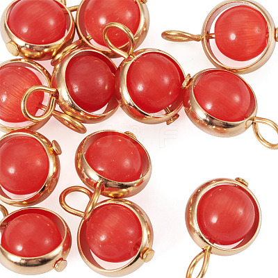 12Pcs Brass & Glass Imitation Cat Eye Round Charms PALLOY-TAC0237-05-1