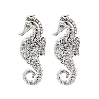 Sea Horse Brass Micro Pave Cubic Zirconia Ear Studs EJEW-D304-38P-1