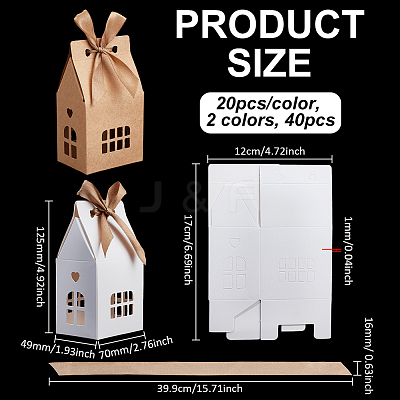 40Pcs 2 Colors House Shaped Kraft Paper Boxes with Ribbon and Window ABAG-PH0001-55-1
