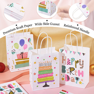 8Pcs 4 Styles Birthday Rectangle Paper Gift Bags with Rope Handles ABAG-TA0001-70-1