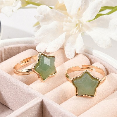 Star Natural Green Aventurine Adjustable Rings RJEW-H241-01G-04-1