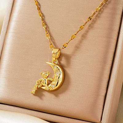 Brass Pave Clear Cubic Zirconia Shiny Cute 3D Bear Moon Pendant Necklaces for Women XT3479-2-1