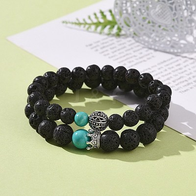 Couples Natural Lava Rock Stretch Bracelets BJEW-JB03315-01-1