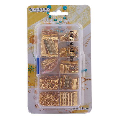 Jewelry Basics Class Kit Gold Lobster Clasp Jump Rings Alloy Drop End Pieces Ribbon Ends Twist Extender Chains Mix 10 Style Lots in In A Box FIND-PH0003-01G-1