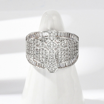 Brass Micro Pave Clear Cubic Zirconia Open Cuff Rings for Women RJEW-A059-04P-1
