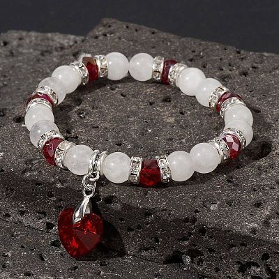 Natural Quartz Crystal & Glass Beaded Stretch Bracelet with Heart Charms for Valentine's Day BJEW-TA00284-1