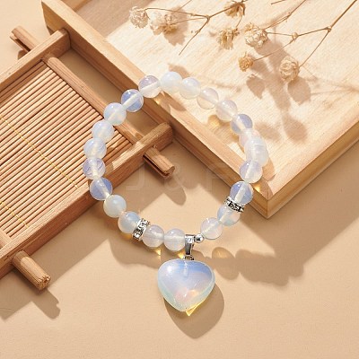 Opalite Round Beaded Stretch Bracelet with Heart Charm BJEW-JB09019-01-1