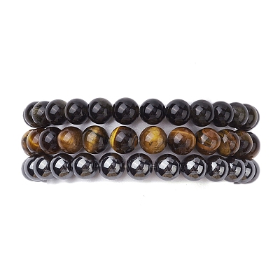 3Pcs 3 Styles Natural & Synthetic Mixed Gemstone Round Beaded Stretch Bracelets Set BJEW-JB10139-05-1