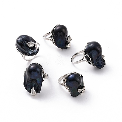 Natural Pearl Nugget with Cubic Zirconia Leaf Open Cuff Ring RJEW-P033-02P-01A-1