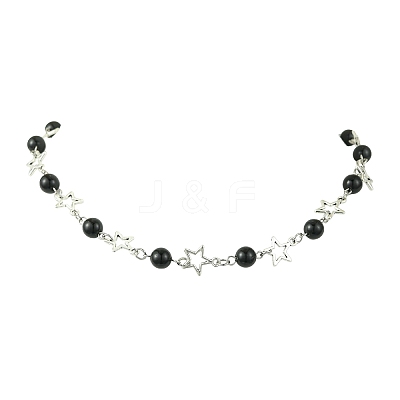 Star Alloy & Round Natural Eyeless Obsidian Link Chain Necklaces for Women NJEW-JN05135-1