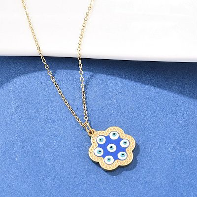 304 Stainless Steel Enamel Blue Evil Eye Flower Pendant Necklaces for Women NJEW-A064-02G-1