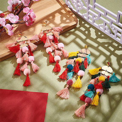 2 Pairs 2 Colors Polyester Tassel with Pompom Boho Chandelier Earrings EJEW-AN0001-75-1