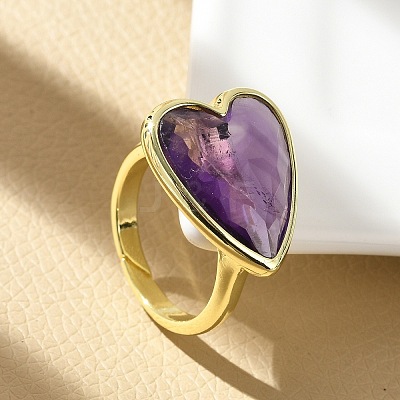 Heart Brass Natural Amethyst Finger Rings X-RJEW-D304-01G-A-1