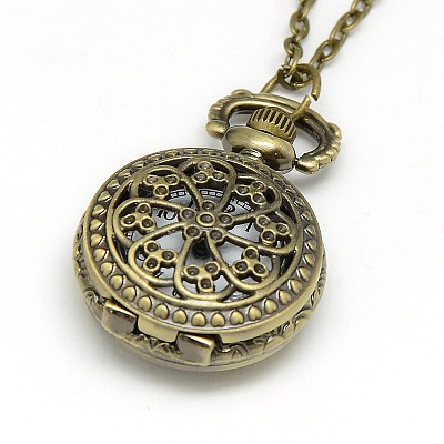 Alloy Flat Round with Flower  Pendant Necklace Quartz Pocket Watch WACH-N011-47-1