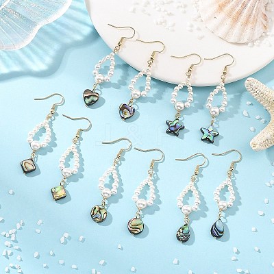 Shell Pearl & Abalone Shell/Paua Shell Beads Dangle Earrings EJEW-JE07314-1