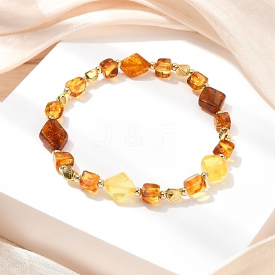 Natural Amber & Brass Beaded Stretch Bracelets for Women BJEW-JB13693-1
