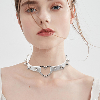 Adjustable Adjustable Gothic PU Leather Alloy Spike Rivet Heart Choker Necklaces for Women NJEW-WH20816-006P-A-1