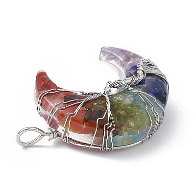 7 Chakra Natural Mixed Stone Chip Copper Wire Wrapped Big Pendants G-F733-03A-1