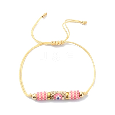 Glass Seed Column with Evil Eye Link Bracelet BJEW-MZ00029-02-1