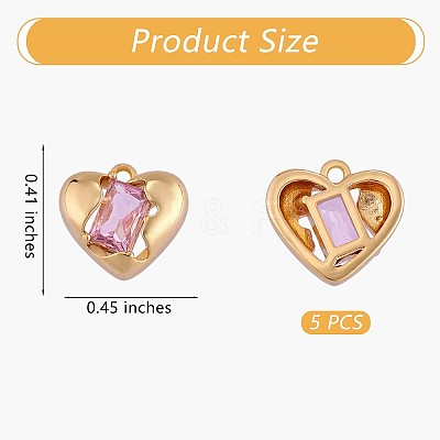 5 Pieces Heart Brass Charm with Pink Cubic Zirconia Valentine's Day Pendant Love Charm Pendant for Jewelry Earring Making Crafts JX384A-1