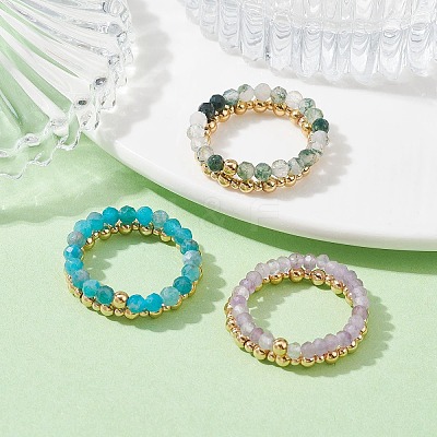 3 Set 3 Style Natural Mixed Gemstone & Brass Round Beaded Stretch Rings Set RJEW-TA00088-1