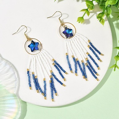 Star Glass Seed Beaded Dangle Tassel Earrings EJEW-MZ00777-01-1