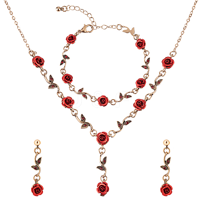 Siam Rhinestone Rose Flower Dangle Stud Earrings & Link Chain Bracelet & Lariat Necklace SJEW-AN0001-13-1