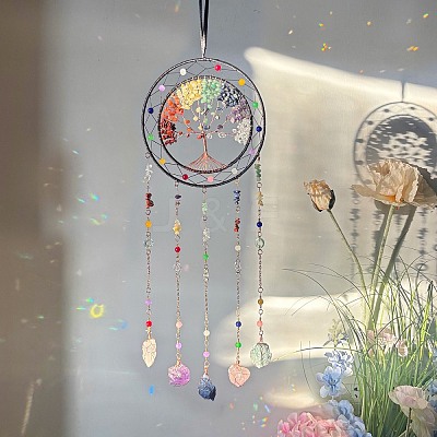 7 Chakra Natural Mixed Stone Chips Tree of Life Woven Net/Web with Feather Hanging Ornaments HJEW-A013-05-1
