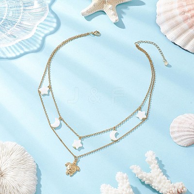304 Stainless Steel Sea Turtle & Natural Freshwater Shell Star Pendant Double Layer Necklaces for Women NJEW-JN05400-1