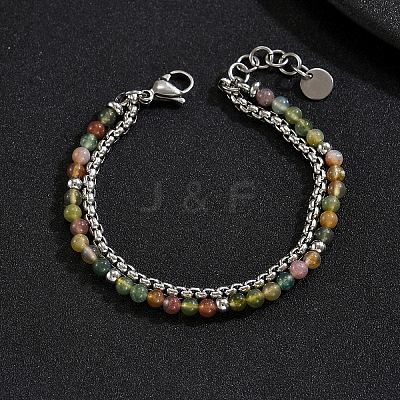 Natural Indian Agate Round Beaded 2-Strand Bracelets with 201 Stainless Steel Box Chains for Men Women EI8345-3-1