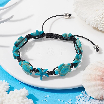Synthetic Turquoise Starfish & Turtle Braided Bead Bracelet X-BJEW-TA00388-01-1