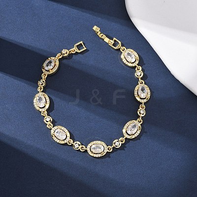 Oval Brass Micro Pave Cubic Zirconia Link Chain Bracelets for Women BJEW-D387-04G-07-1